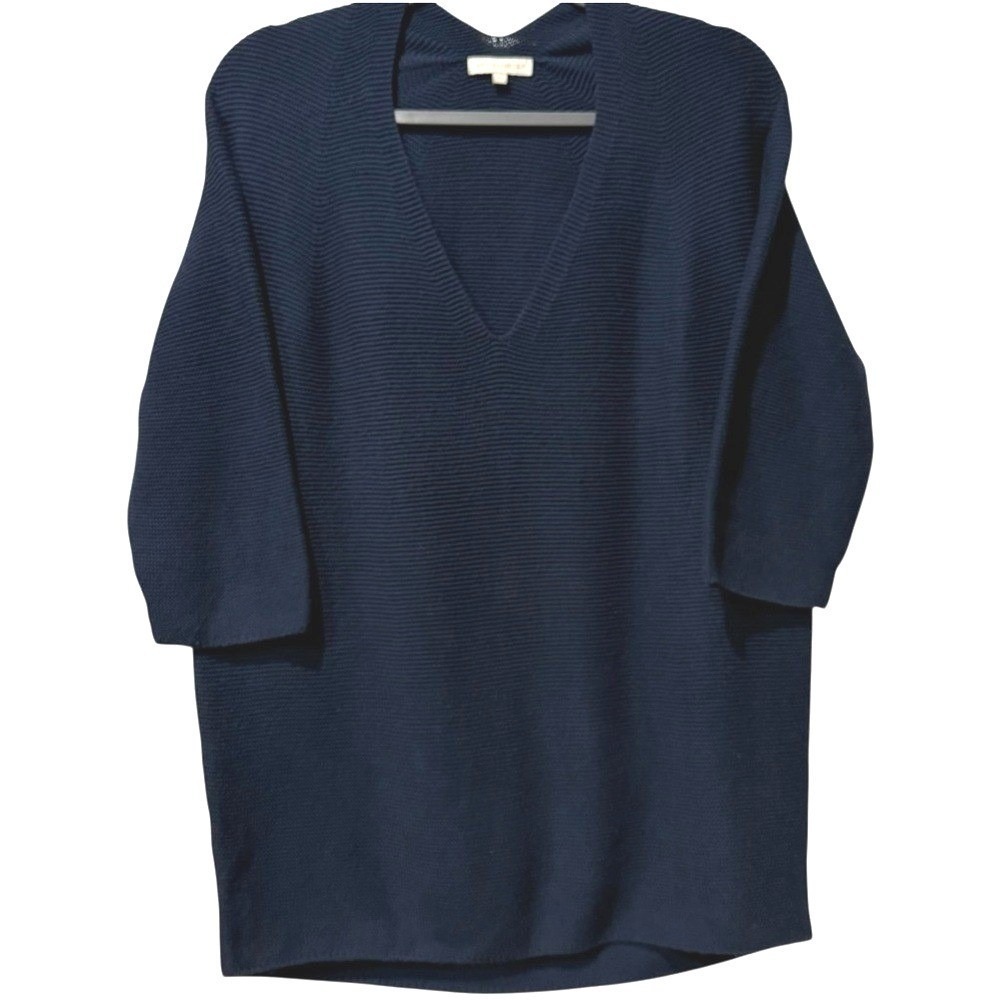 Ann Mashburn Ribbed Navy V-Neck Cotton Slouchy‎ Lagenlook Sweater Size XS